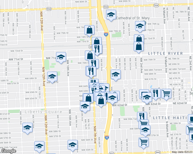 map of restaurants, bars, coffee shops, grocery stores, and more near 644 Northwest 67th Street in Miami