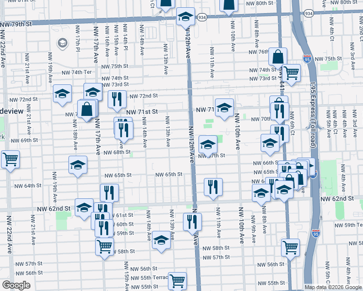 map of restaurants, bars, coffee shops, grocery stores, and more near 1295 Northwest 67th Street in Miami