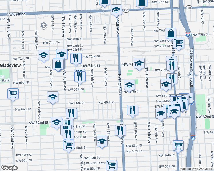 map of restaurants, bars, coffee shops, grocery stores, and more near 1295 Northwest 67th Street in Miami