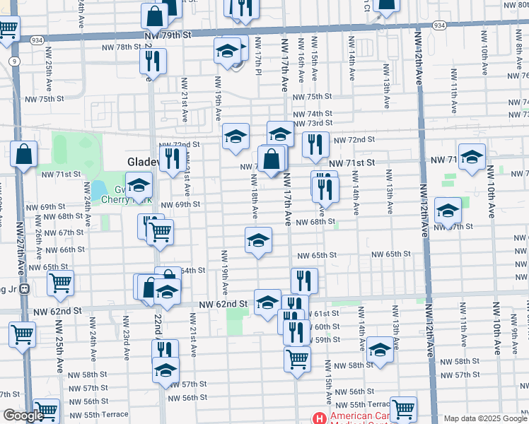 map of restaurants, bars, coffee shops, grocery stores, and more near 1735 Northwest 68th Street in Miami