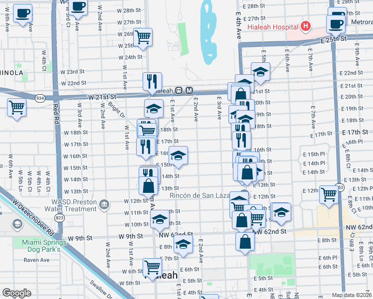 map of restaurants, bars, coffee shops, grocery stores, and more near 166 East 16th Street in Hialeah