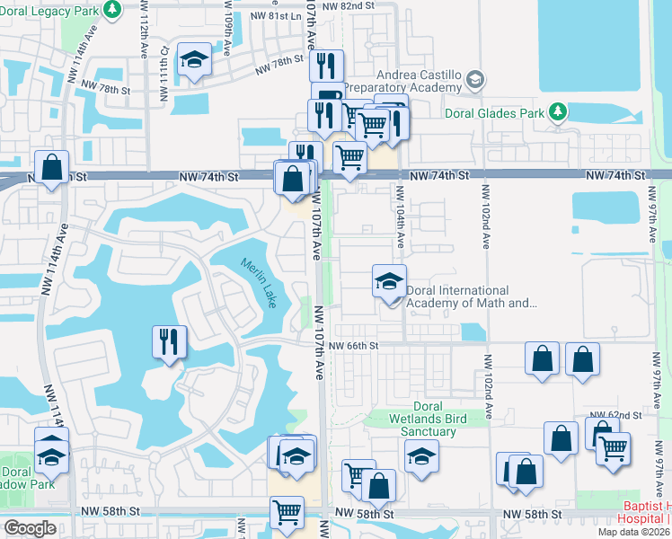 map of restaurants, bars, coffee shops, grocery stores, and more near 6851 Northwest 107th Court in Doral