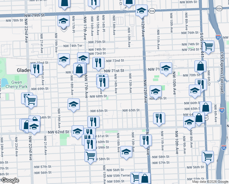 map of restaurants, bars, coffee shops, grocery stores, and more near 6830 Northwest 14th Avenue in Miami