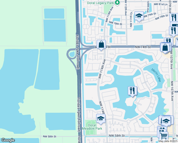 map of restaurants, bars, coffee shops, grocery stores, and more near 11582 Northwest 69th Terrace in Doral