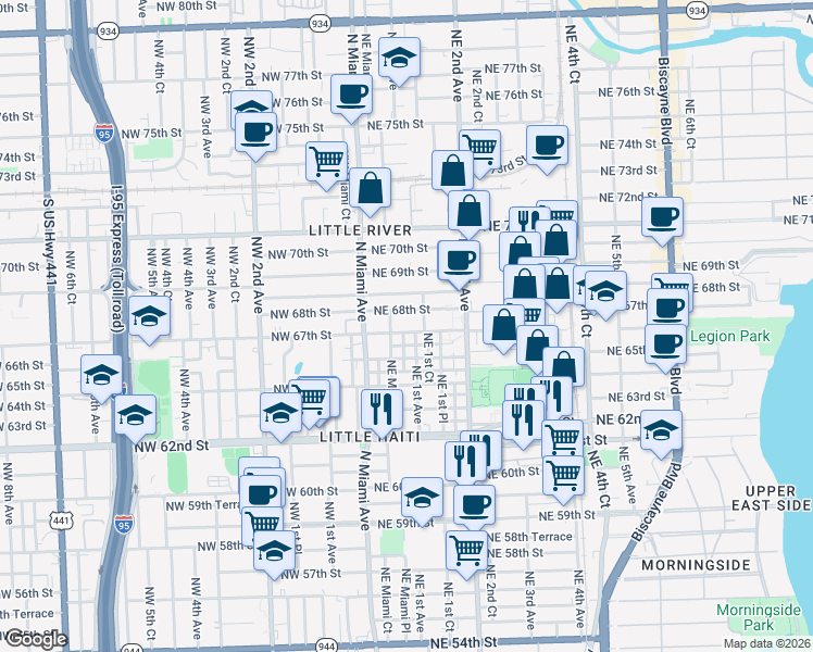 map of restaurants, bars, coffee shops, grocery stores, and more near 96 Northeast 66th Street in Miami