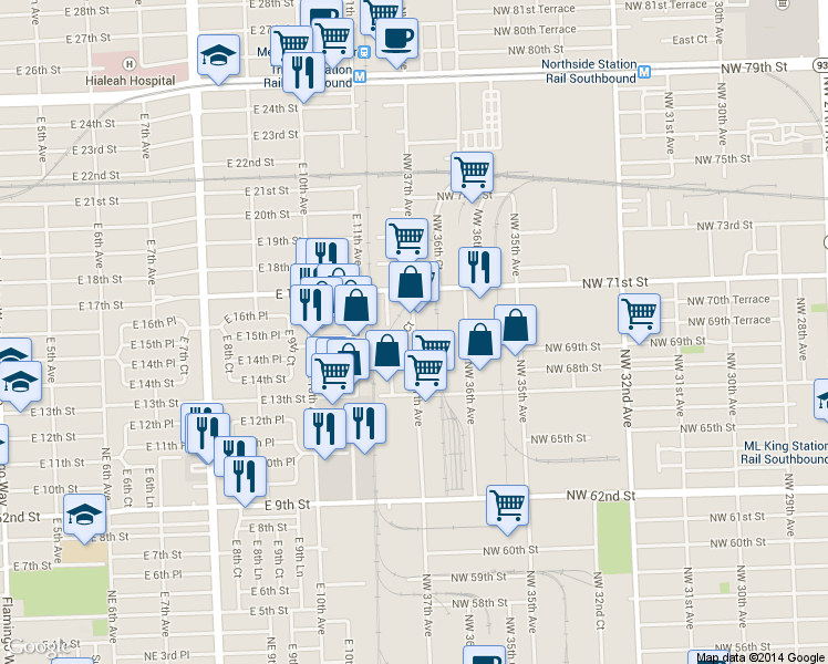 map of restaurants, bars, coffee shops, grocery stores, and more near 6910 Northwest 37th Avenue in Miami