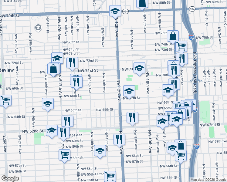 map of restaurants, bars, coffee shops, grocery stores, and more near in Miami