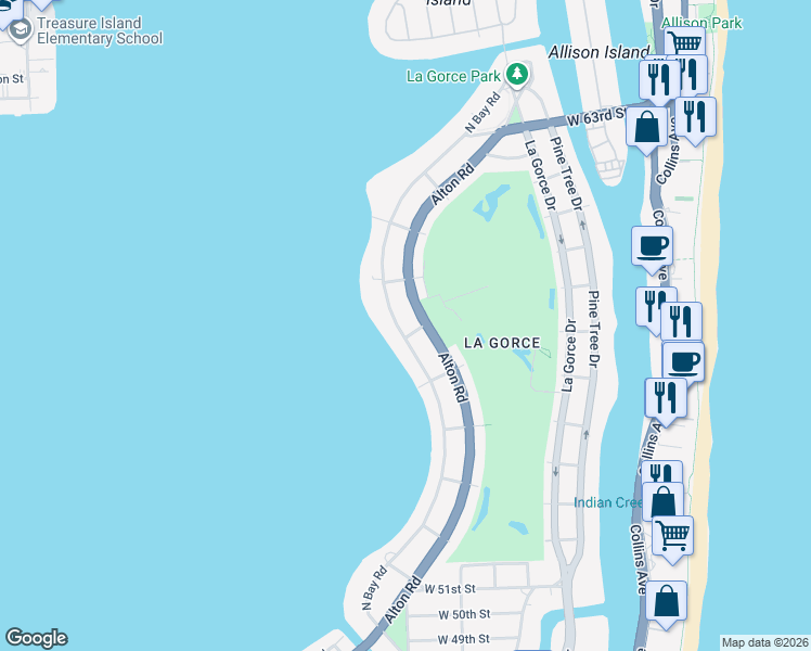 map of restaurants, bars, coffee shops, grocery stores, and more near 5700 North Bay Road in Miami Beach