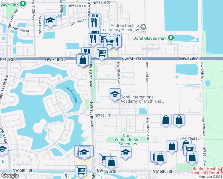 map of restaurants, bars, coffee shops, grocery stores, and more near 10445 Northwest 68th Terrace in Doral