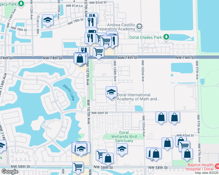 map of restaurants, bars, coffee shops, grocery stores, and more near 10445 Northwest 68th Terrace in Doral