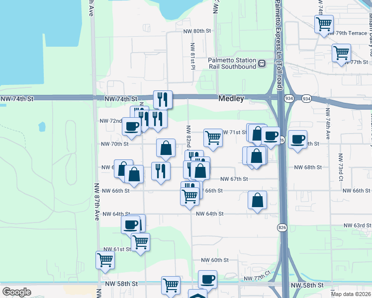 map of restaurants, bars, coffee shops, grocery stores, and more near 8231 NW 68th St in Miami