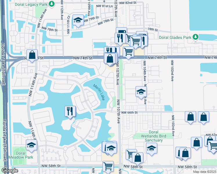 map of restaurants, bars, coffee shops, grocery stores, and more near 6874 Northwest 107th Place in Doral