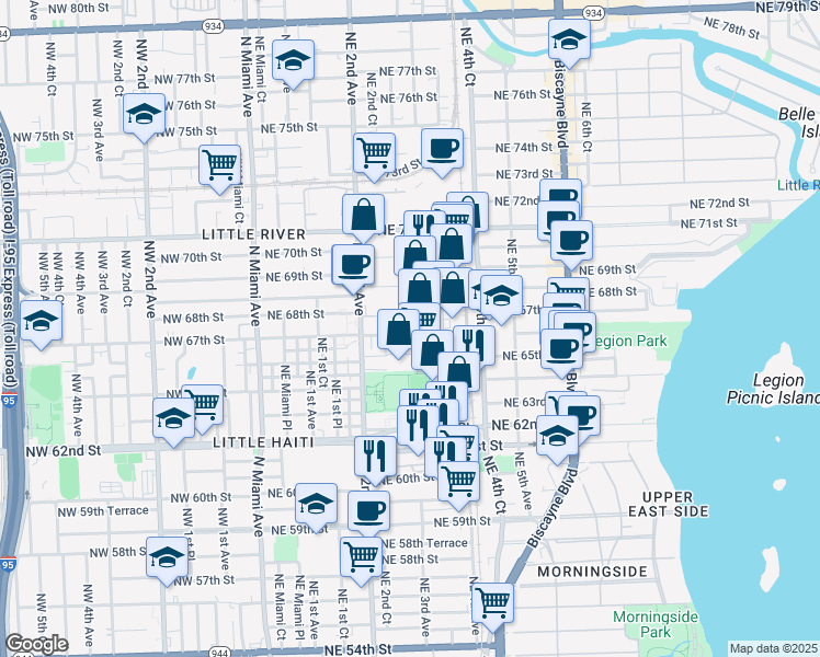 map of restaurants, bars, coffee shops, grocery stores, and more near 300 Northeast 67th Street in Miami