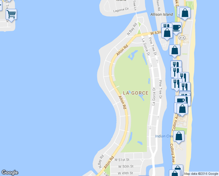 map of restaurants, bars, coffee shops, grocery stores, and more near 5700 North Bay Road in Miami Beach