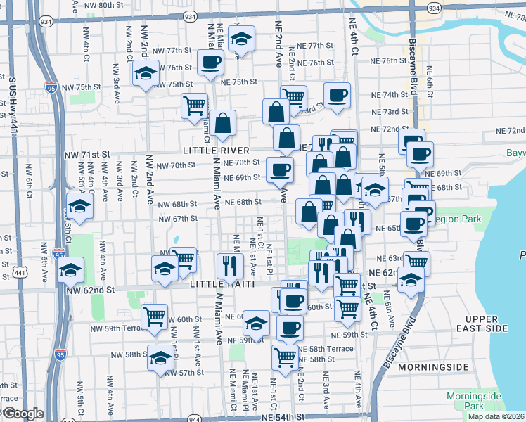 map of restaurants, bars, coffee shops, grocery stores, and more near 170 Northeast 67th Street in Miami