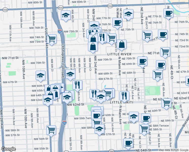 map of restaurants, bars, coffee shops, grocery stores, and more near in Miami