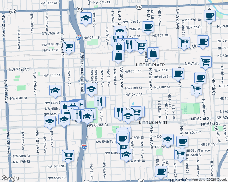 map of restaurants, bars, coffee shops, grocery stores, and more near 258 Northwest 67th Street in Miami
