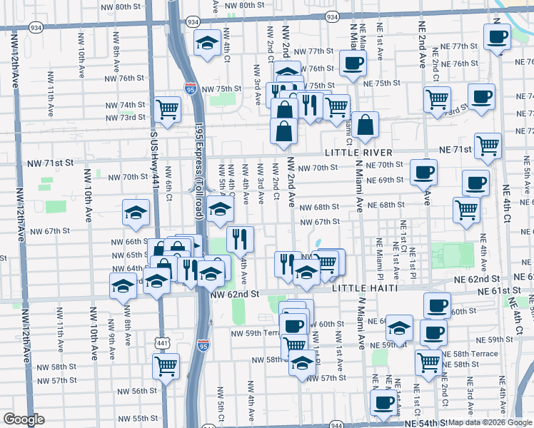 map of restaurants, bars, coffee shops, grocery stores, and more near 258 Northwest 67th Street in Miami