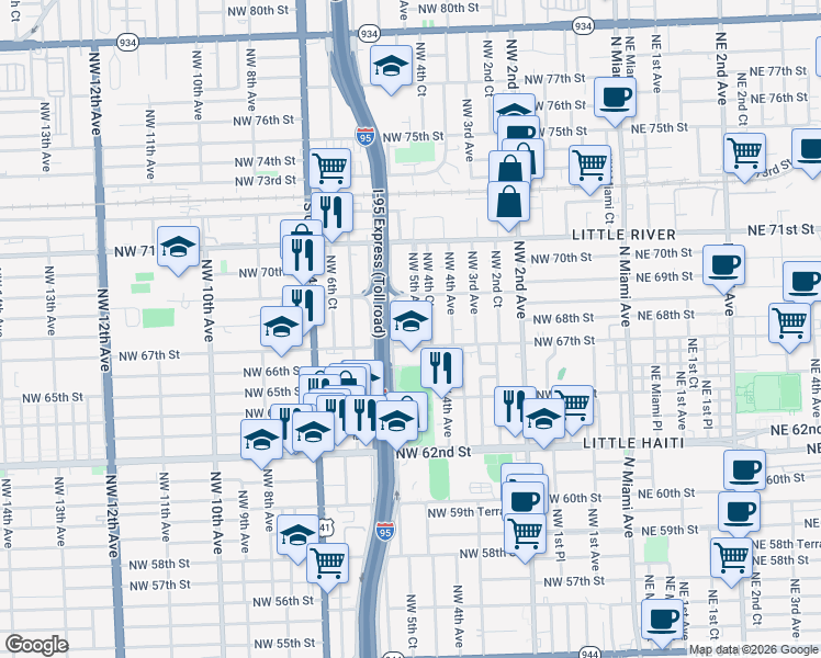 map of restaurants, bars, coffee shops, grocery stores, and more near 509 Northwest 67th Street in Miami