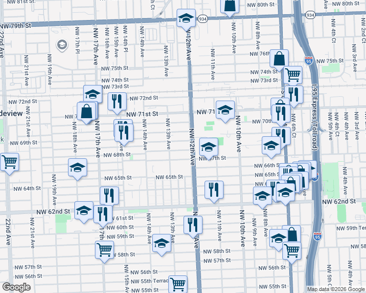 map of restaurants, bars, coffee shops, grocery stores, and more near in Miami