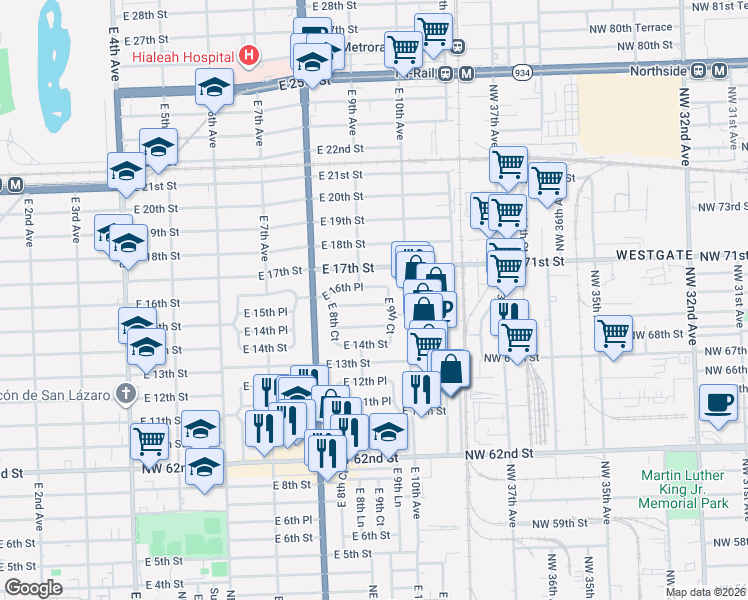 map of restaurants, bars, coffee shops, grocery stores, and more near 901 East 14th Place in Hialeah