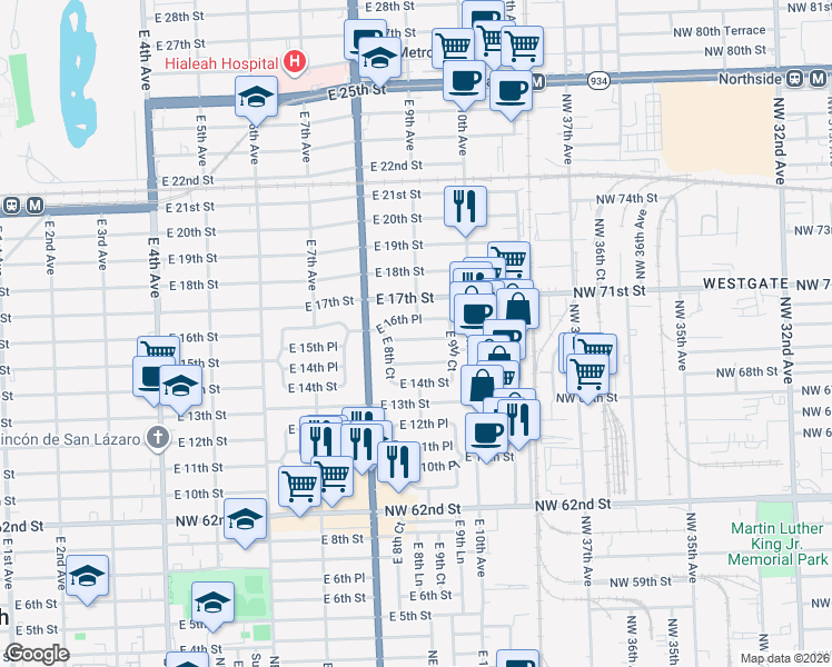 map of restaurants, bars, coffee shops, grocery stores, and more near 901 East 14th Place in Hialeah