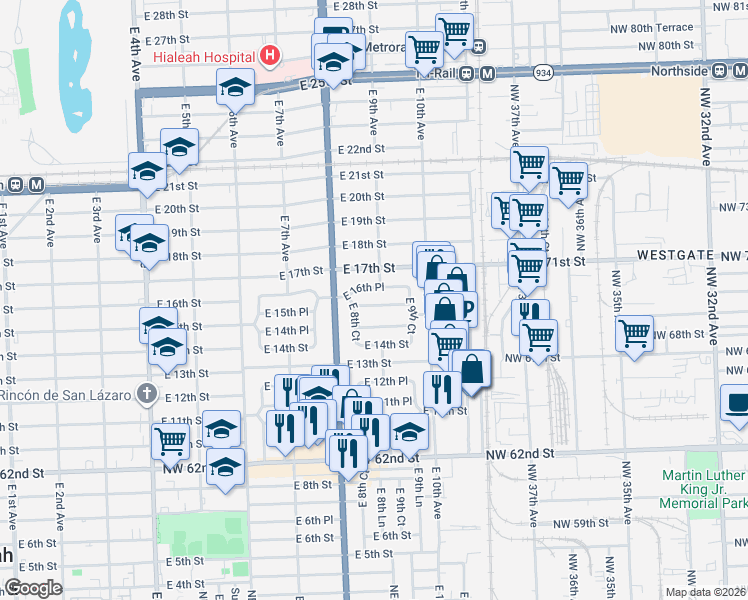 map of restaurants, bars, coffee shops, grocery stores, and more near 901 East 14th Place in Hialeah