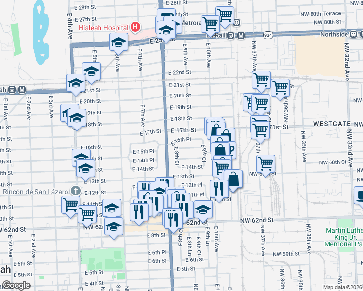 map of restaurants, bars, coffee shops, grocery stores, and more near 1502 East 8th Court in Hialeah