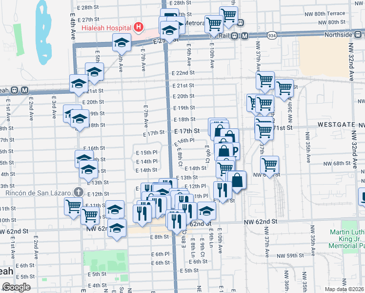 map of restaurants, bars, coffee shops, grocery stores, and more near 1502 East 8th Court in Hialeah
