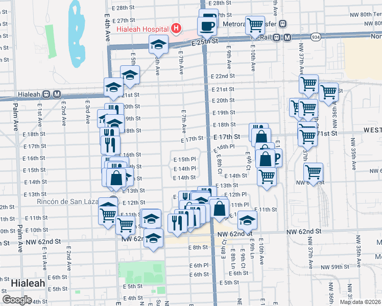 map of restaurants, bars, coffee shops, grocery stores, and more near 670 East 15th Place in Hialeah