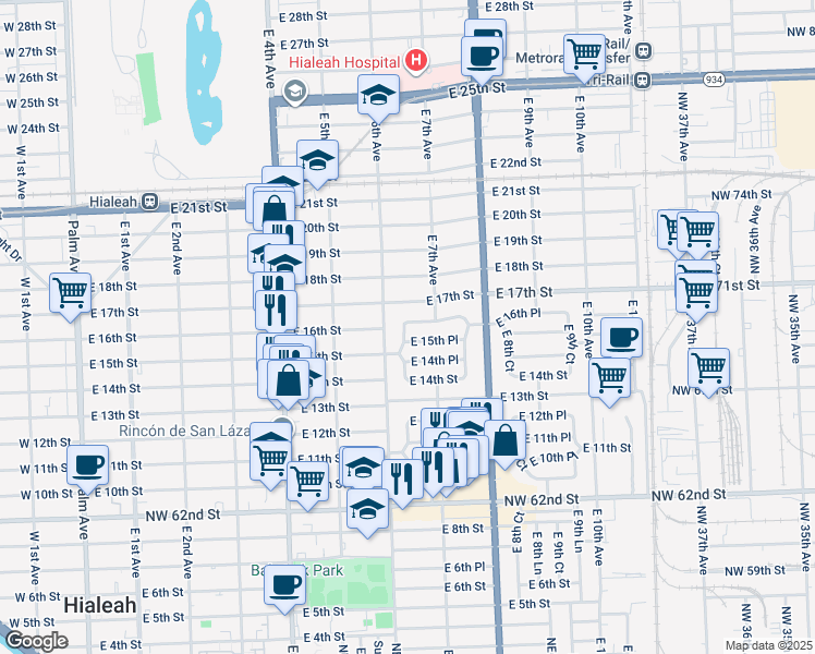 map of restaurants, bars, coffee shops, grocery stores, and more near 601 East 15th Street in Hialeah