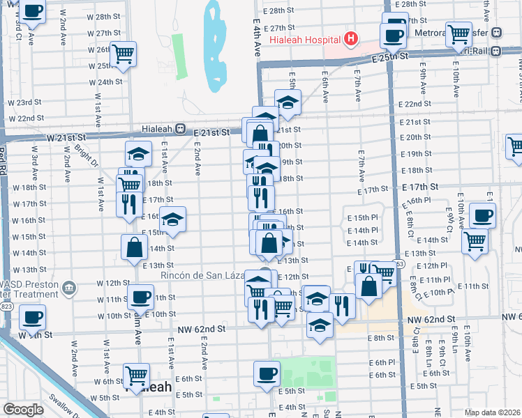 map of restaurants, bars, coffee shops, grocery stores, and more near 1520 East 4th Avenue in Hialeah