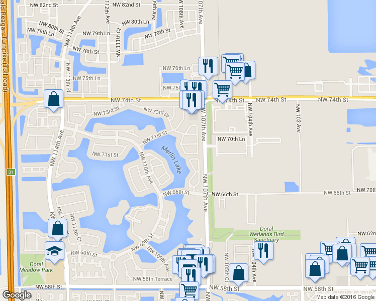 map of restaurants, bars, coffee shops, grocery stores, and more near 6874 Northwest 107th Place in Doral