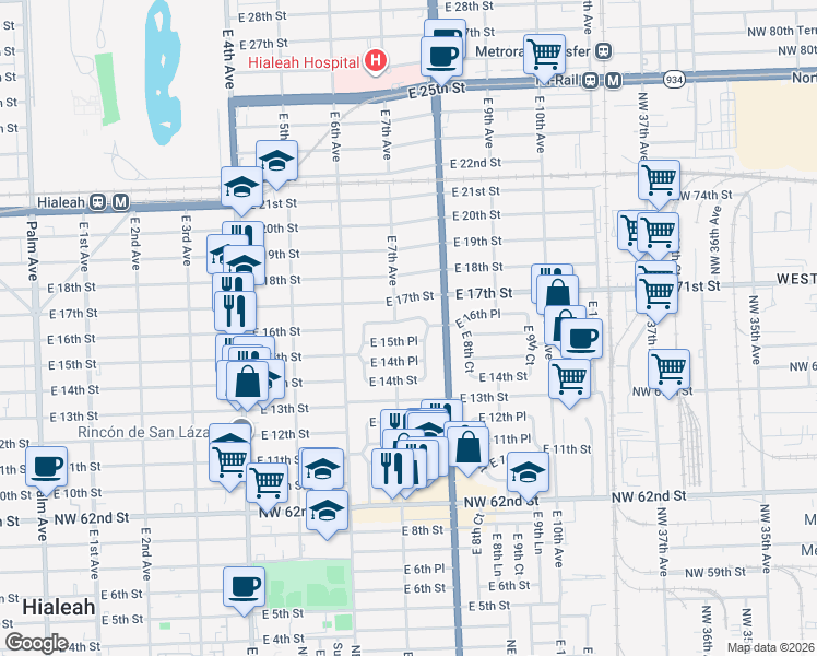 map of restaurants, bars, coffee shops, grocery stores, and more near 670 East 15th Place in Hialeah