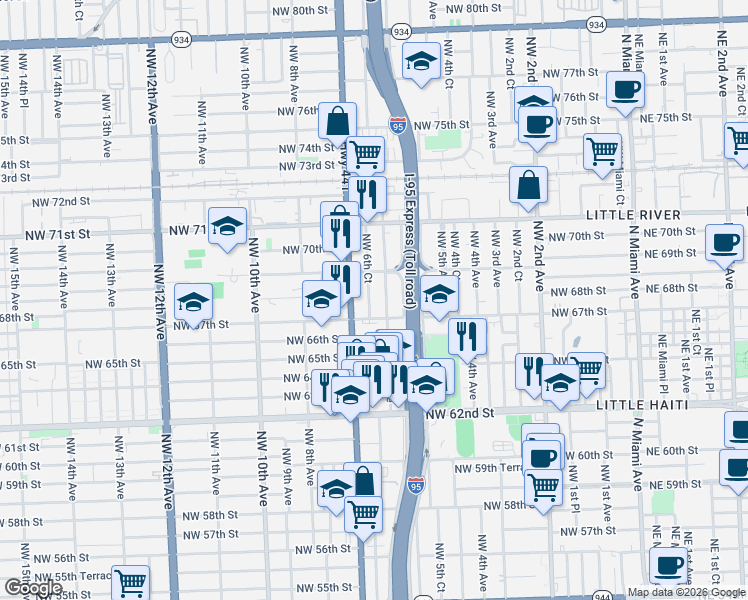 map of restaurants, bars, coffee shops, grocery stores, and more near 636 Northwest 67th Street in Miami