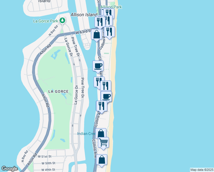 map of restaurants, bars, coffee shops, grocery stores, and more near 5701 Collins Avenue in Miami