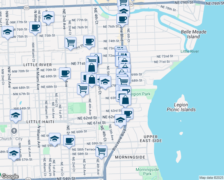 map of restaurants, bars, coffee shops, grocery stores, and more near 541 Northeast 67th Street in Miami