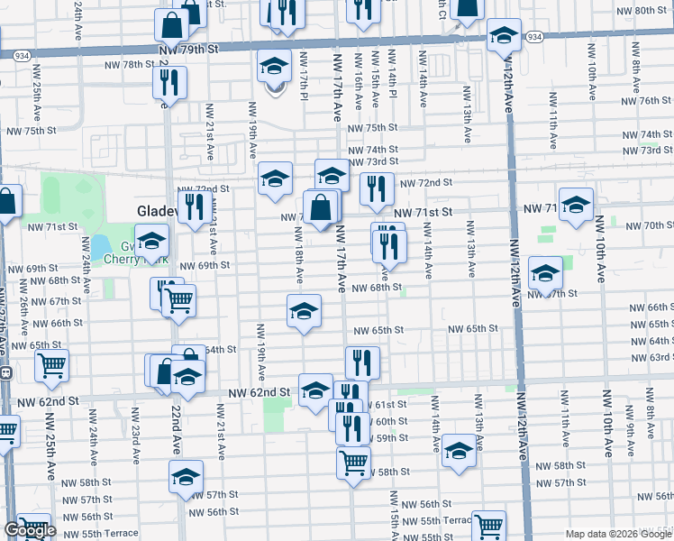 map of restaurants, bars, coffee shops, grocery stores, and more near 1736 Northwest 69th Terrace in Miami