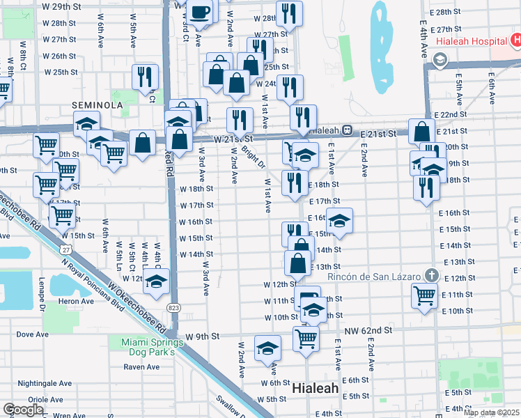 map of restaurants, bars, coffee shops, grocery stores, and more near 121 West 17th Street in Hialeah