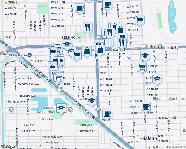 map of restaurants, bars, coffee shops, grocery stores, and more near 1740 West 4th Avenue in Hialeah