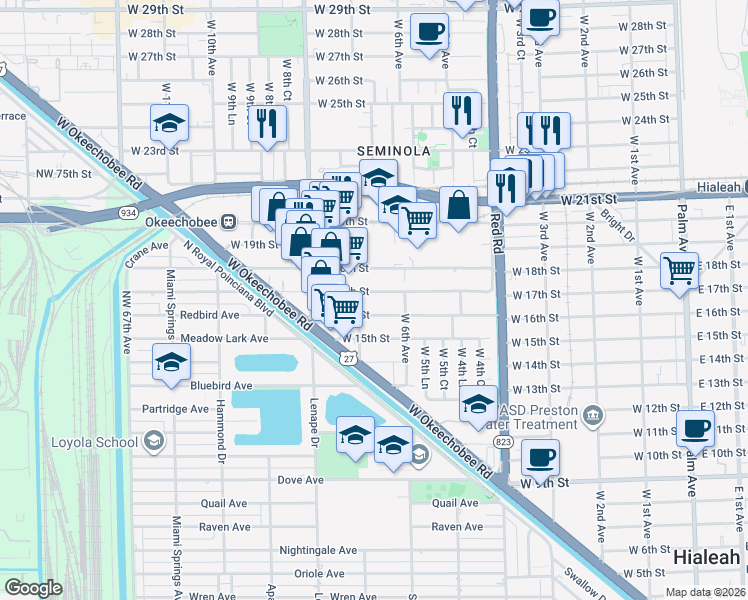map of restaurants, bars, coffee shops, grocery stores, and more near 650 West 18th Street in Hialeah