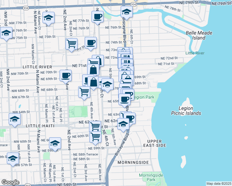 map of restaurants, bars, coffee shops, grocery stores, and more near 543 Northeast 67th Street in Miami