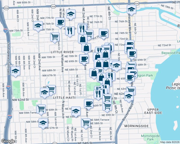 map of restaurants, bars, coffee shops, grocery stores, and more near 201-249 NE 68th St in Miami