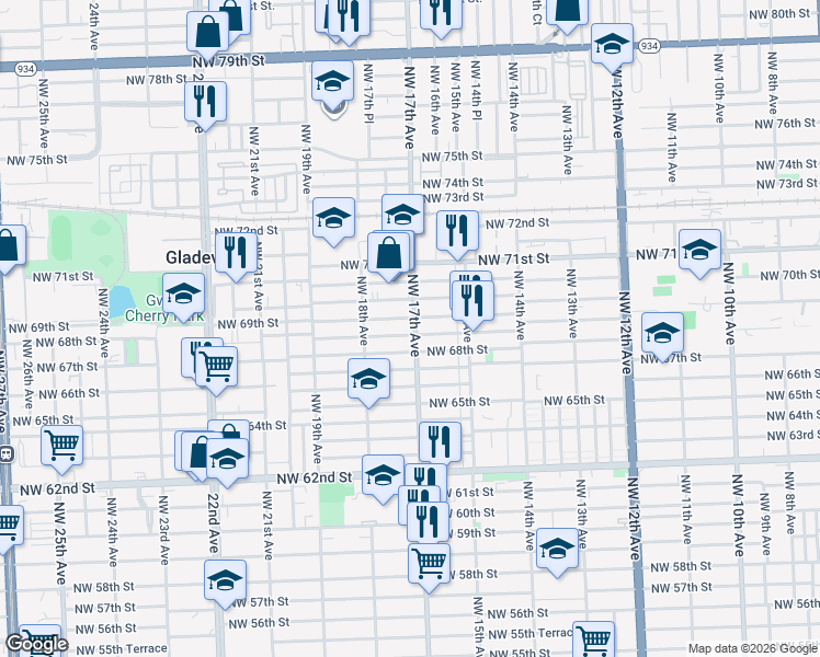 map of restaurants, bars, coffee shops, grocery stores, and more near 1736 Northwest 69th Terrace in Miami