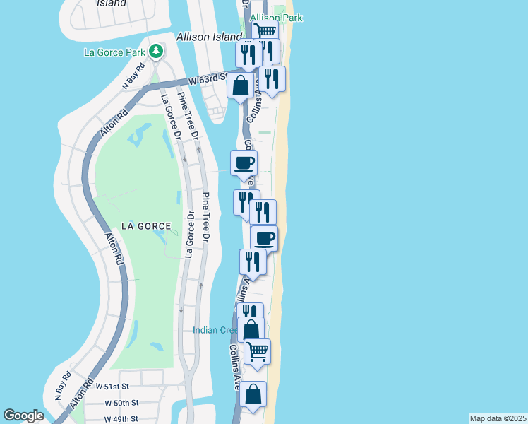 map of restaurants, bars, coffee shops, grocery stores, and more near 5700 Collins Avenue in Miami Beach