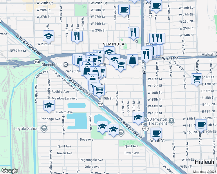 map of restaurants, bars, coffee shops, grocery stores, and more near 650 West 18th Street in Hialeah