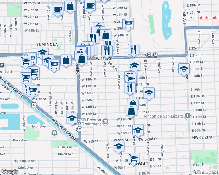 map of restaurants, bars, coffee shops, grocery stores, and more near 1701 West 2nd Avenue in Hialeah