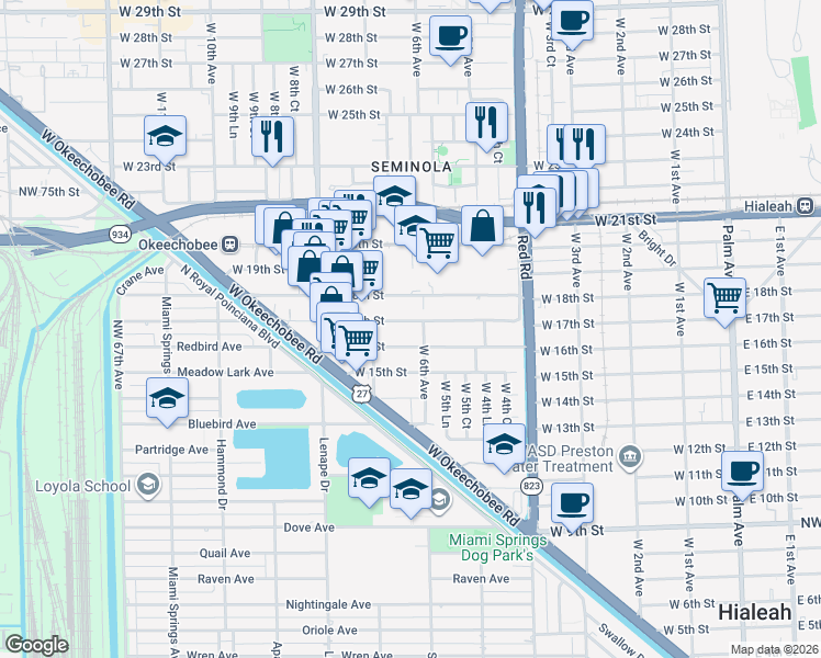 map of restaurants, bars, coffee shops, grocery stores, and more near 650 West 18th Street in Hialeah