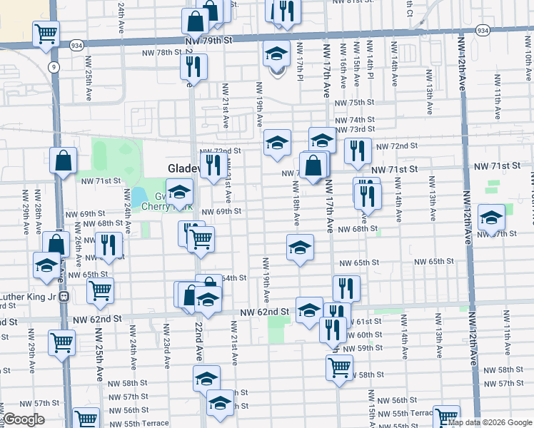 map of restaurants, bars, coffee shops, grocery stores, and more near 1890 Northwest 69th Terrace in Miami