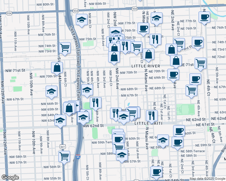 map of restaurants, bars, coffee shops, grocery stores, and more near 6825 Northwest 2nd Avenue in Miami